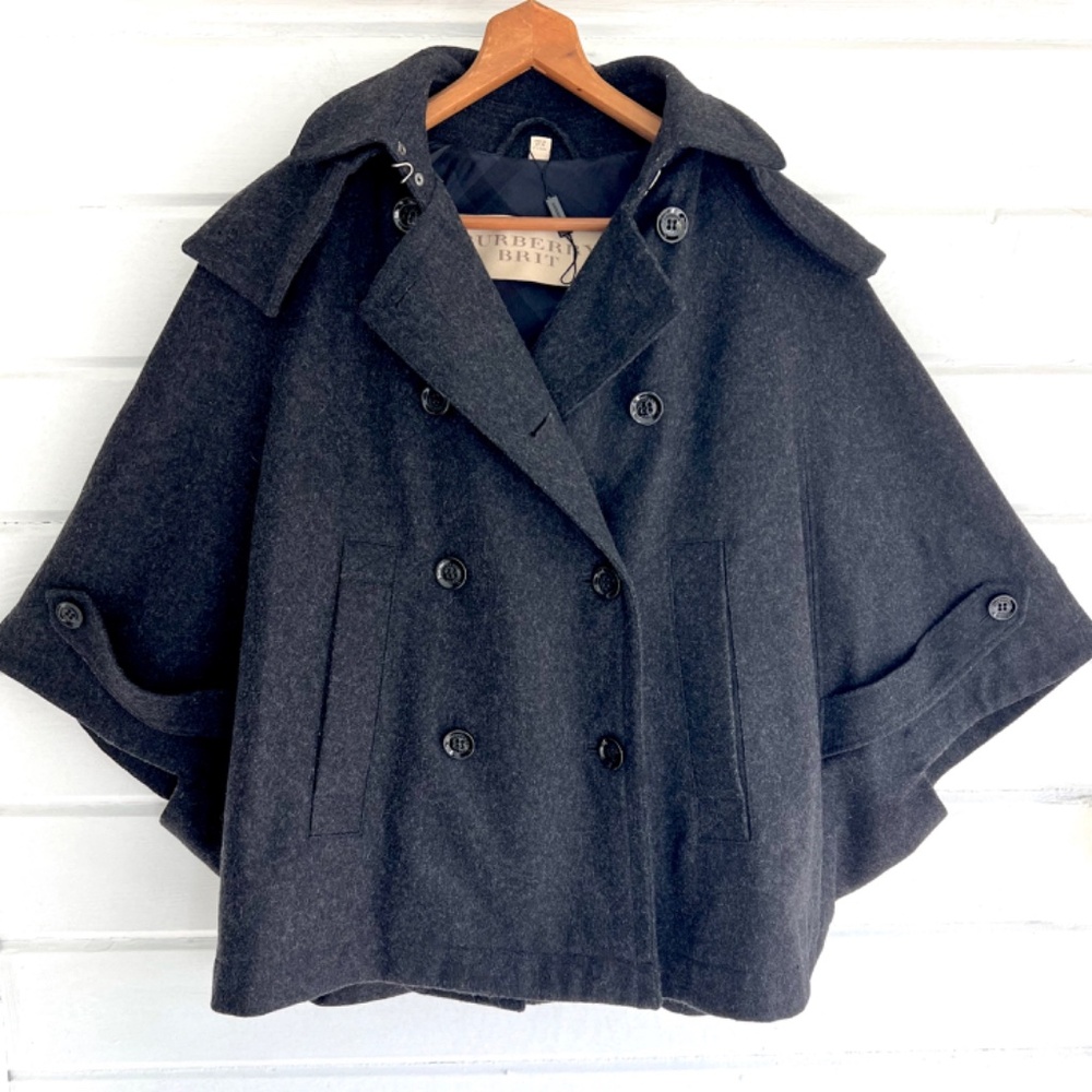 BURBERRY BRIT Grey Wool Double Breasted Bat Wing Jacket w/ Detachable Hood-US 6